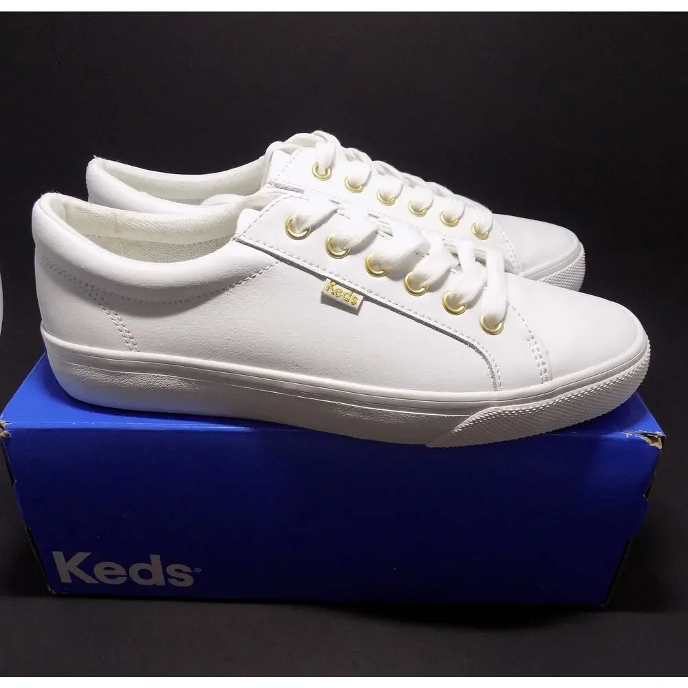 Keds Jump Kick Lace Up Leather White/Gold Sneakers Women's- Size 8.5- New